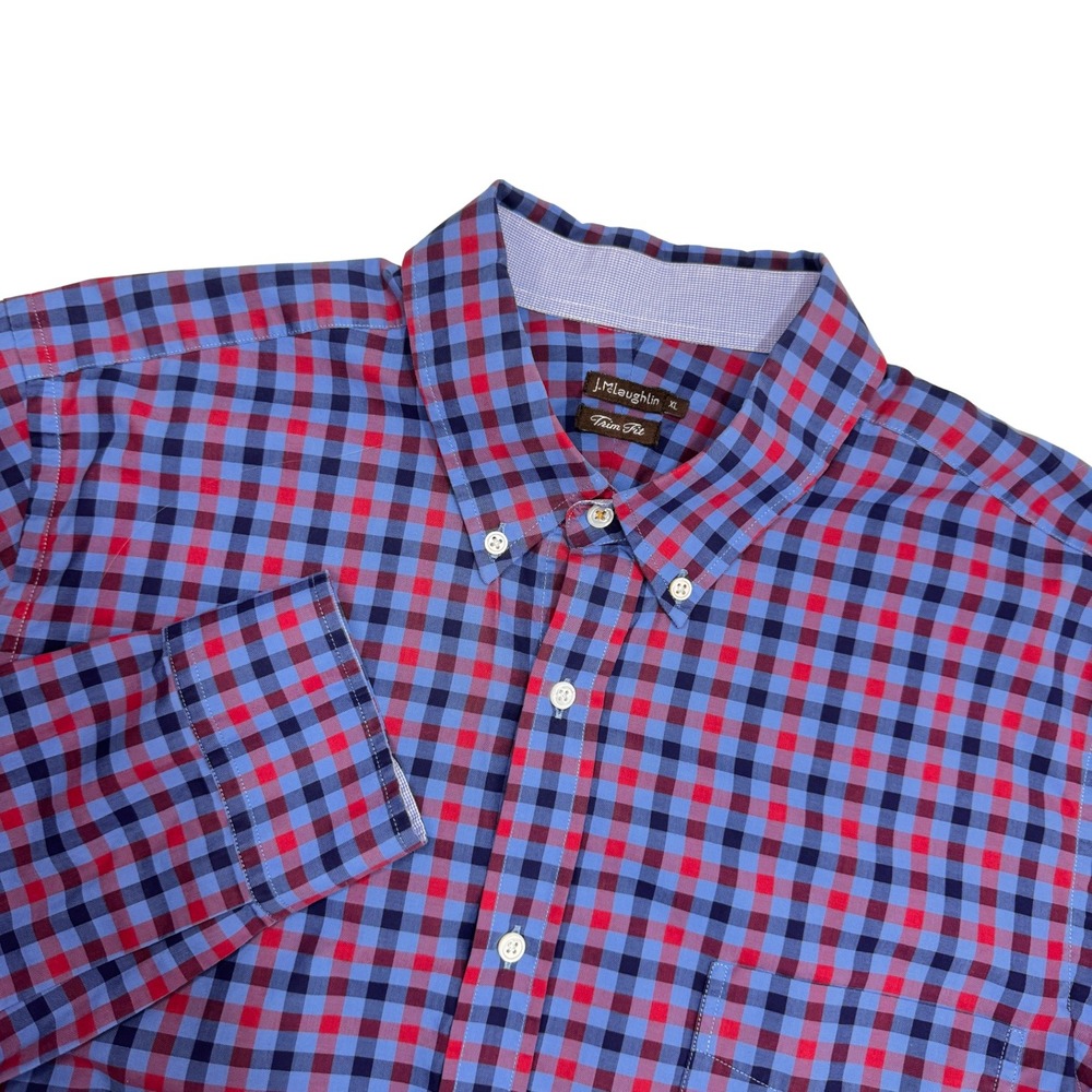 J. McLaughlin Mens XL Trim Fit‎ Red Blue Gingham Check Long Sleeve Shirt Preppy